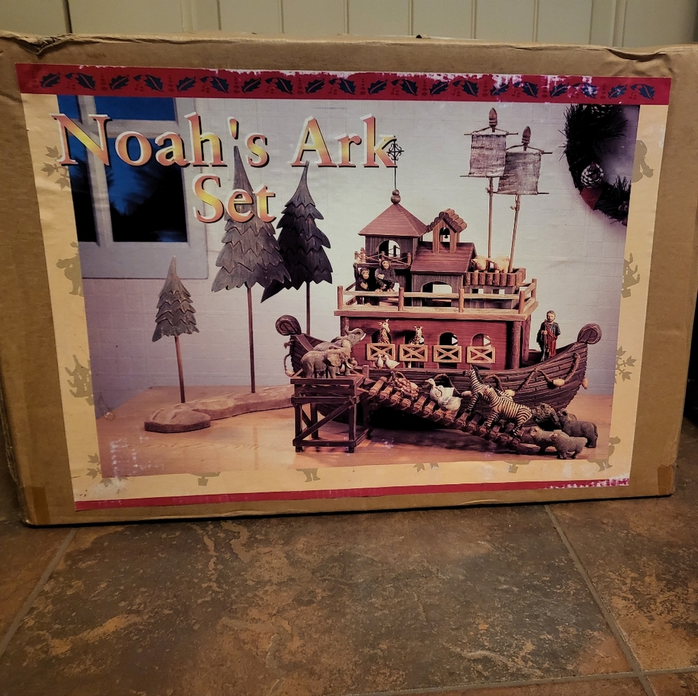 NOAH'S ARK Wood & Resin Figurine Set 20 Animals Box Vintage 24" with 20 Animals